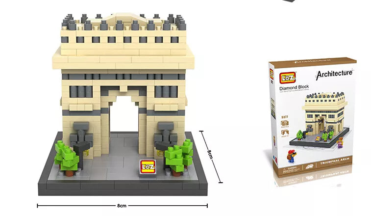 Triumphal arch block model with beige arch, gray columns, green bushes on base