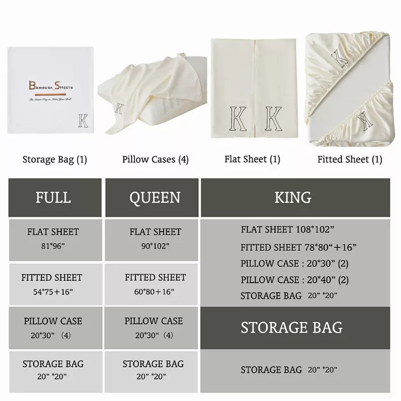 Ivory sheet set components: flat sheet, fitted sheet, pillowcases, storage bag