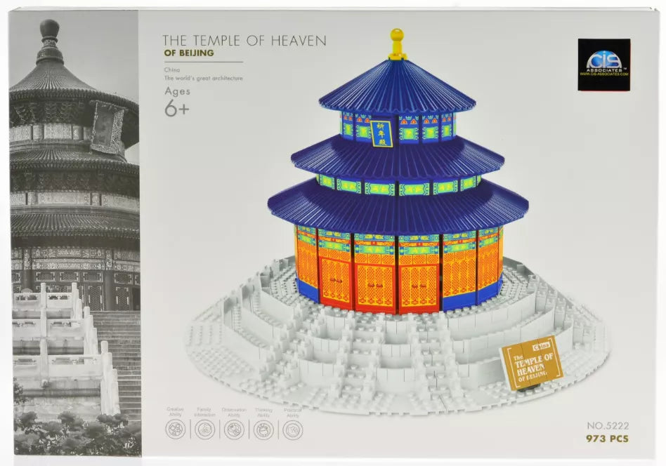 Retail box showing miniature temple model with blue roof and red walls on white base
