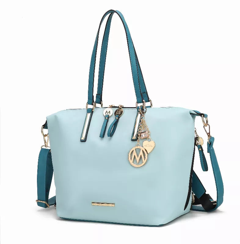 Light blue solid tote bag with dual top handles and detachable crossbody strap