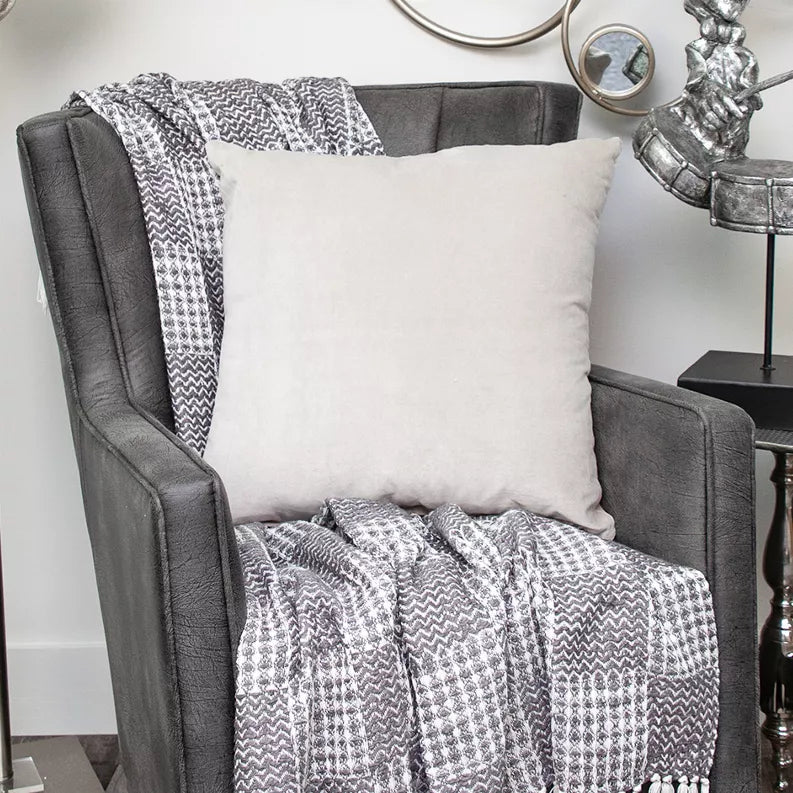 Gray solid throw pillow, square shape with smooth fabric and stitched edge
