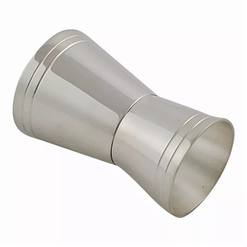 Silver double jigger with straight sides and two wide cylindrical ends