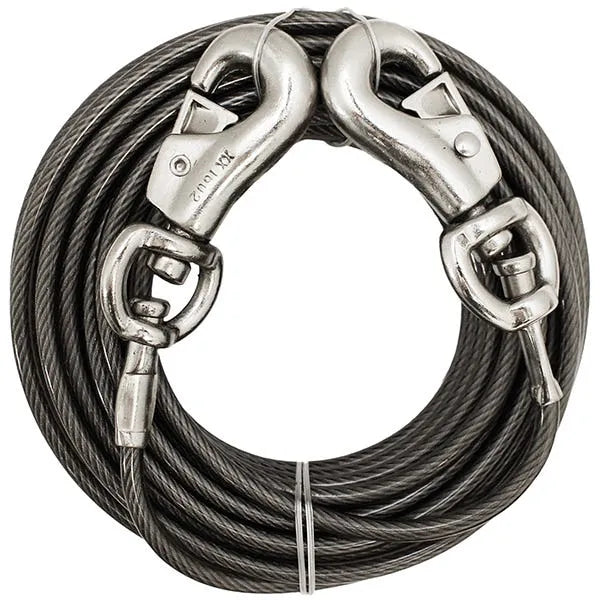 Dark braided tie-out rope with two silver snap hooks and ring connectors
