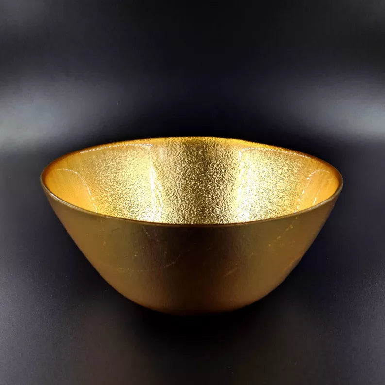 Gold-tone glass salad bowl with smooth interior and round silhouette