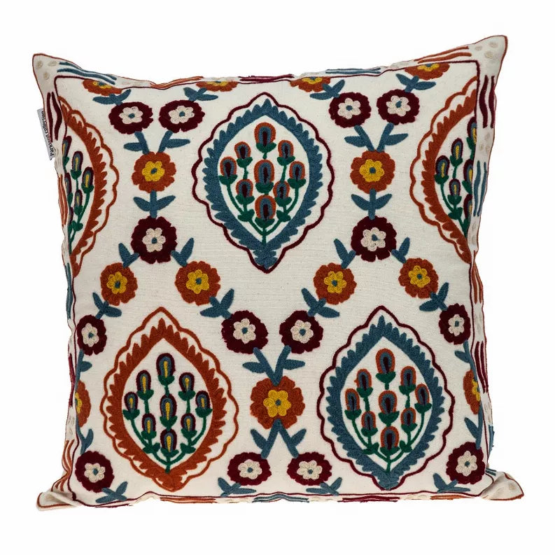 Multicolor embroidered throw pillow cover with repeating floral cactus medallion motif