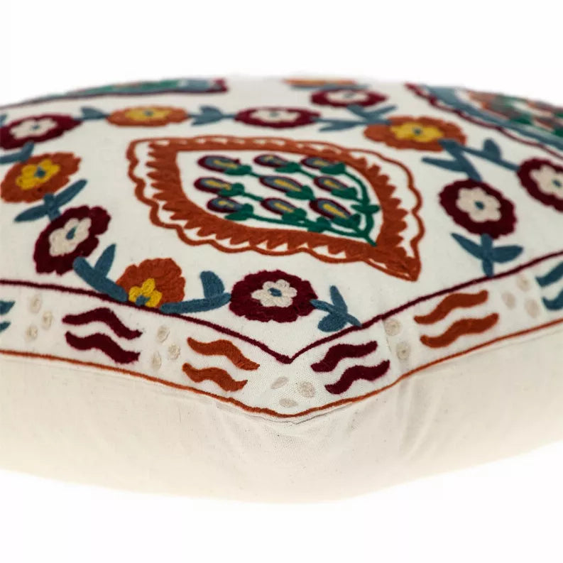 Close-up of multicolor embroidered throw pillow with red piping and cactus floral icons