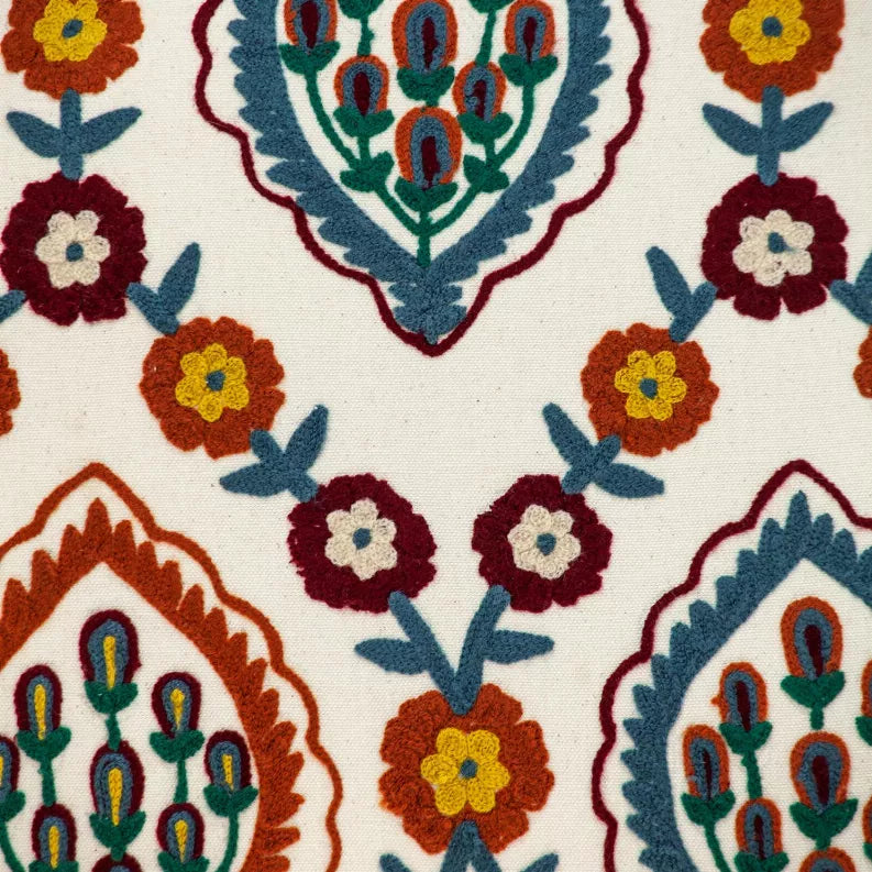 Close-up fabric of multicolor embroidered throw pillow with cactus plants and flowers