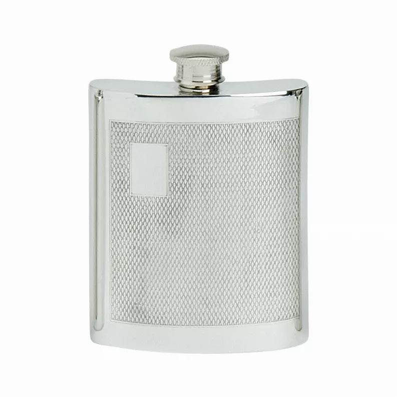6 oz silver pewter flask with engine-turned pattern and screw cap
