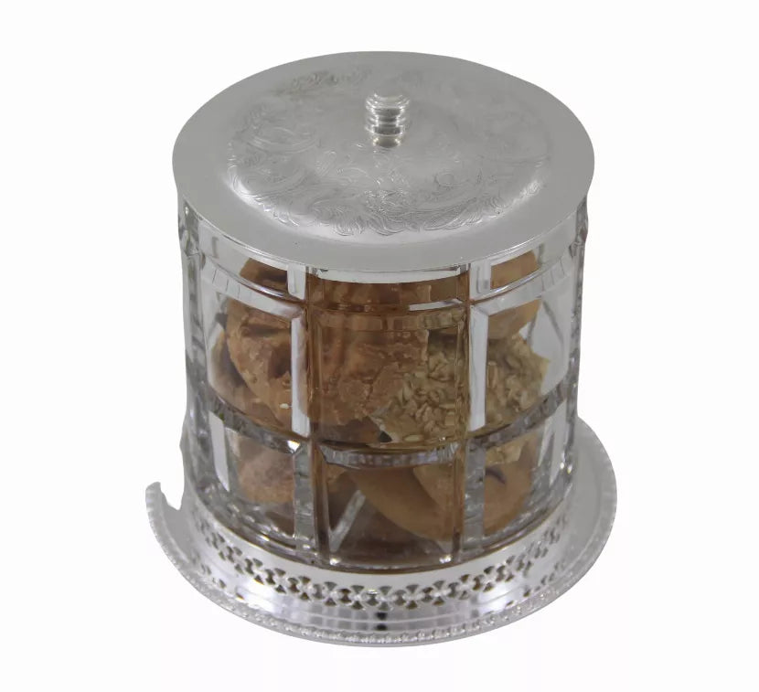 Silver plate and crystal cookie jar with domed lid and decorative base