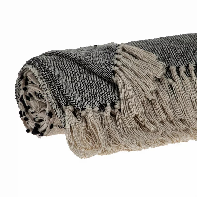 Woven handloom throw close-up, dark gray weave with beige fringed edge and pom detail