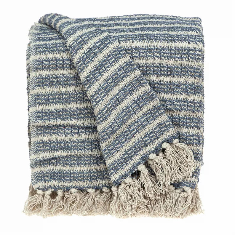 Striped woven throw blanket in blue and cream with chunky fringe border