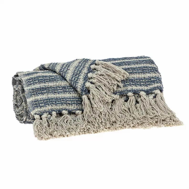 Blue and cream striped woven throw blanket with tasseled fringe, laid flat