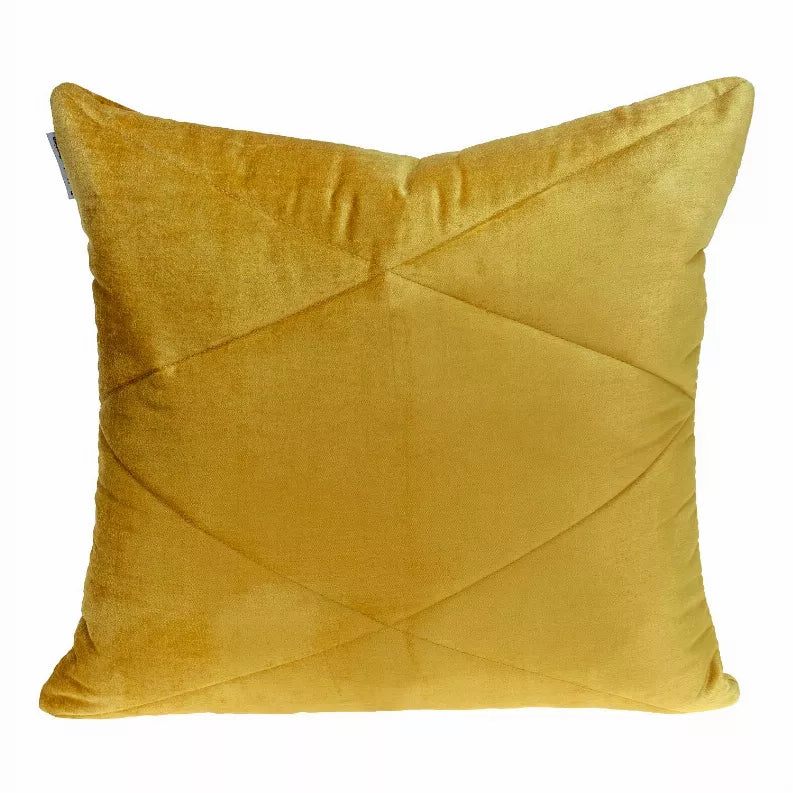 Yellow square quilted throw pillow with raised diamond stitch on the front