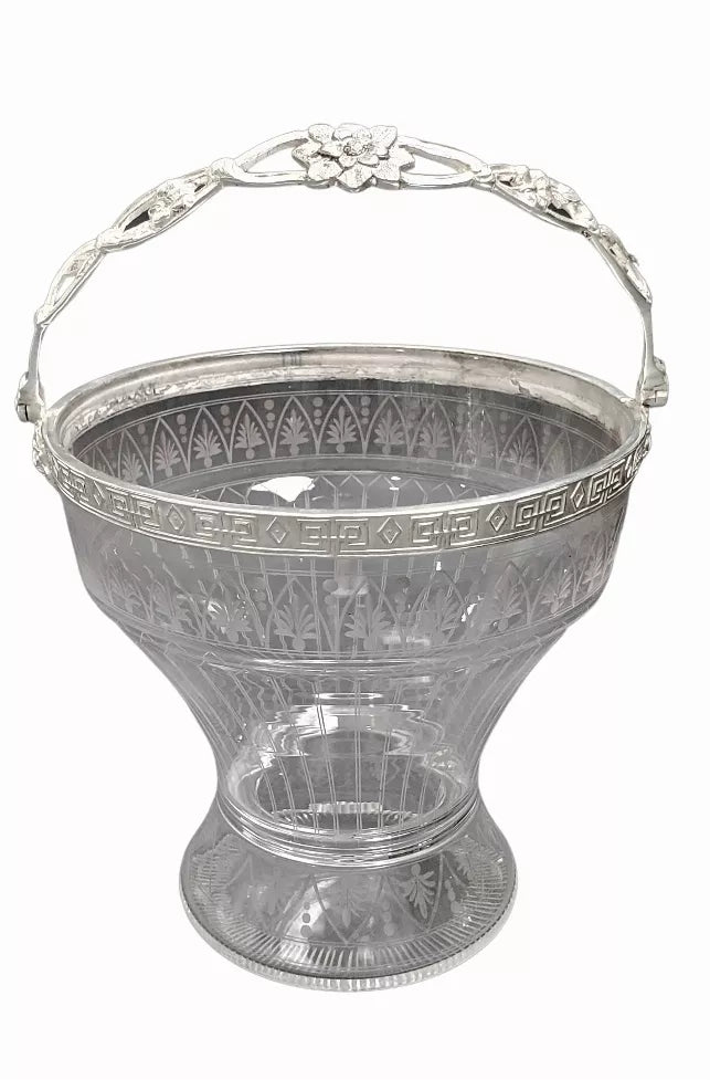 English Hand Etched Glass/Silver Plate Candy Basket c.1975 - 1 - Kitchen