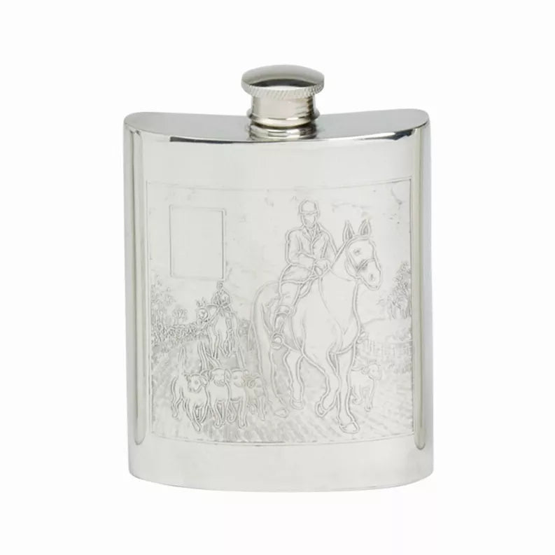 6 oz pewter flask with screw cap, engraved western figures and horses
