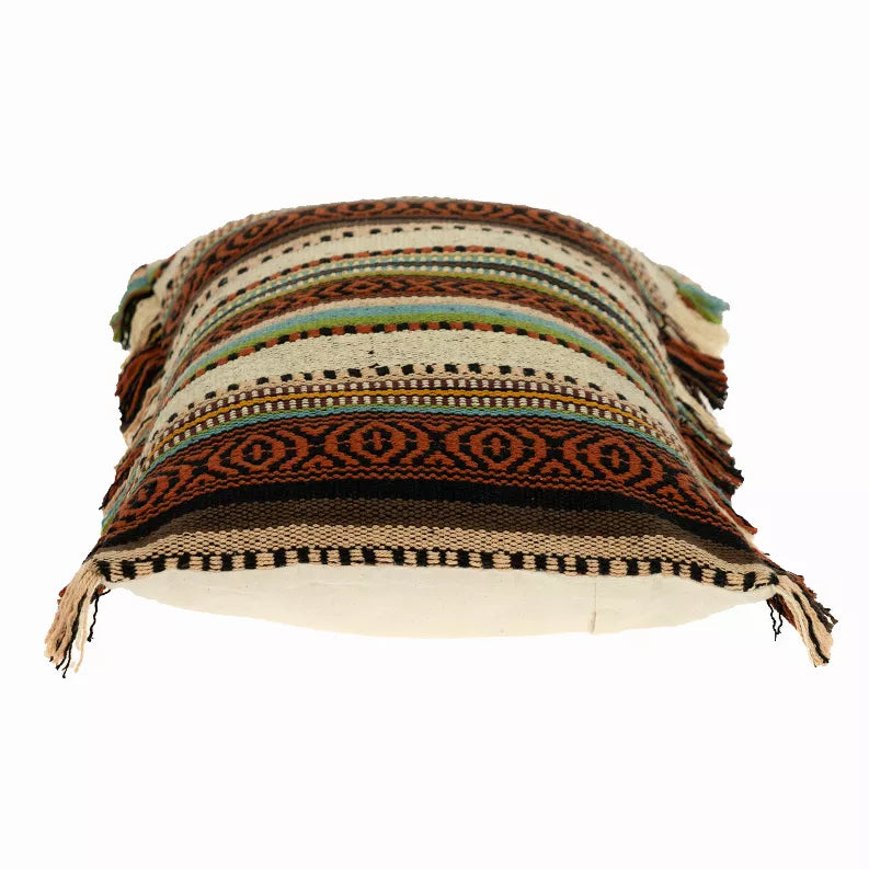 Striped woven throw pillow with tassel fringe; cream base with brown and teal