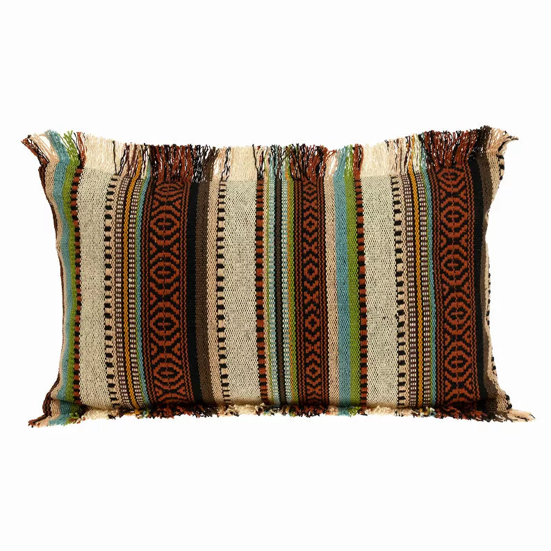 Rectangular woven throw pillow with vertical stripes and multicolor fringed border