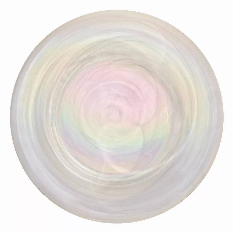 NUAGE 13-inch glass charger plate with soft pink, green, and lavender swirls