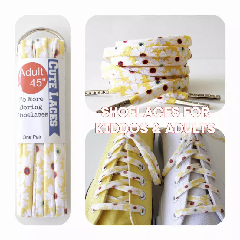 Floral shoelaces on laced sneakers, shown with packaged set