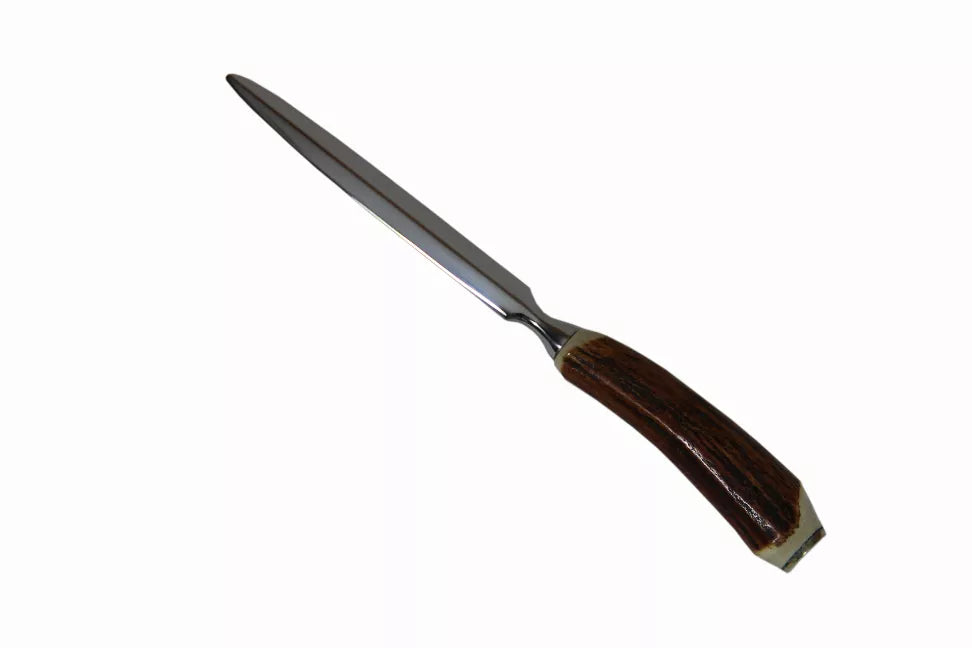 Stainless letter opener with long pointed blade and dark wood handle