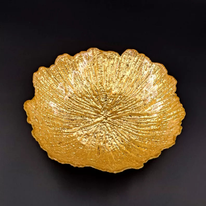 Gilded glass soup plate in gold tone, scalloped edge with radiating ridged design