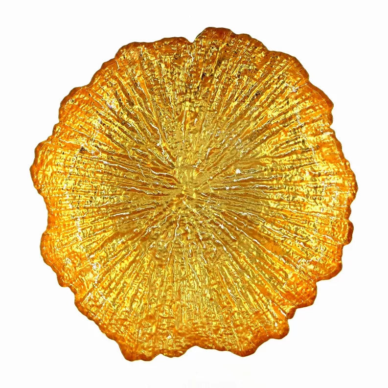 Gilded glass soup plate, top view, radial ridges and scalloped rim, gold