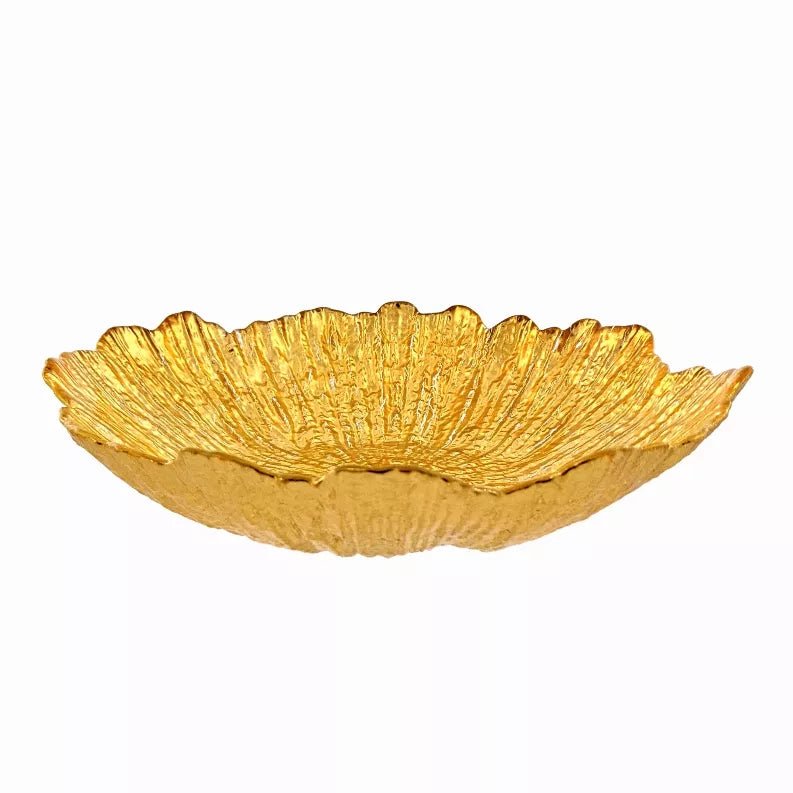 Gilded glass soup plate, side view, scalloped edge and ridged texture, gold