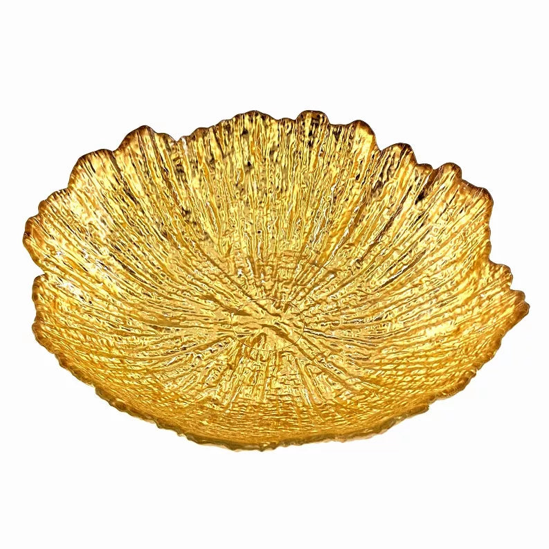Gilded glass soup plate with glossy gold radial lines and scalloped border