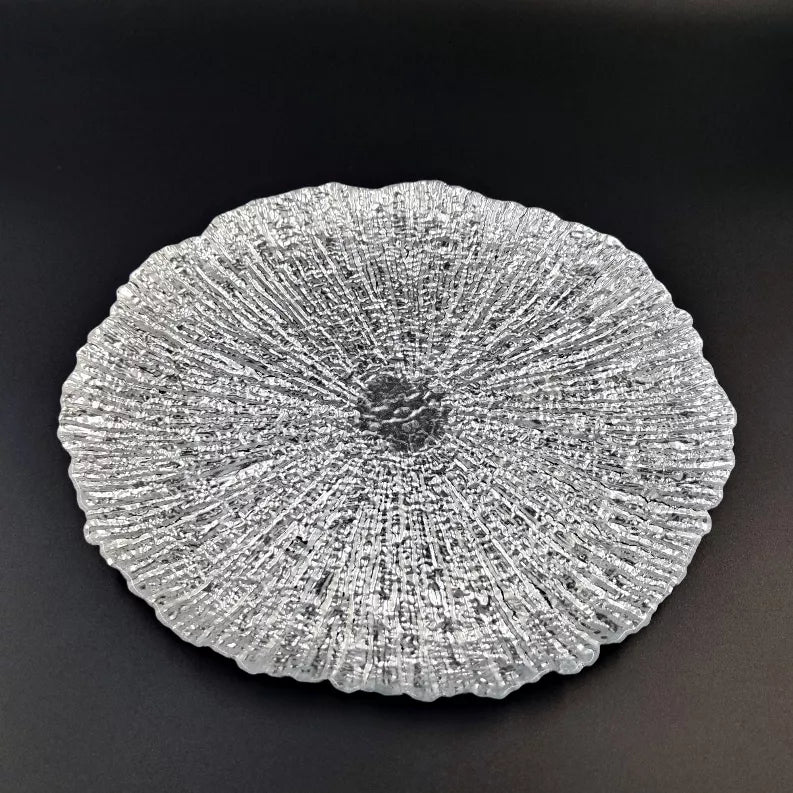 Gilded glass soup plate with shell ridges and scalloped rim, silver finish