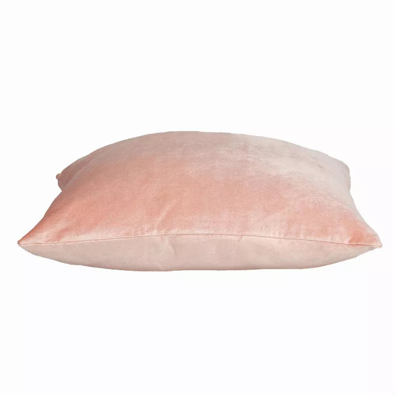 Pink square throw pillow side profile, padded with velour-like finish