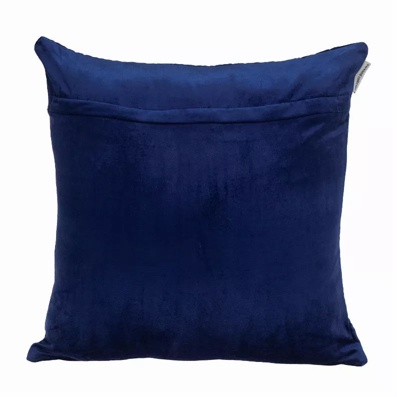 Blue quilted throw pillow with curved stitch pattern