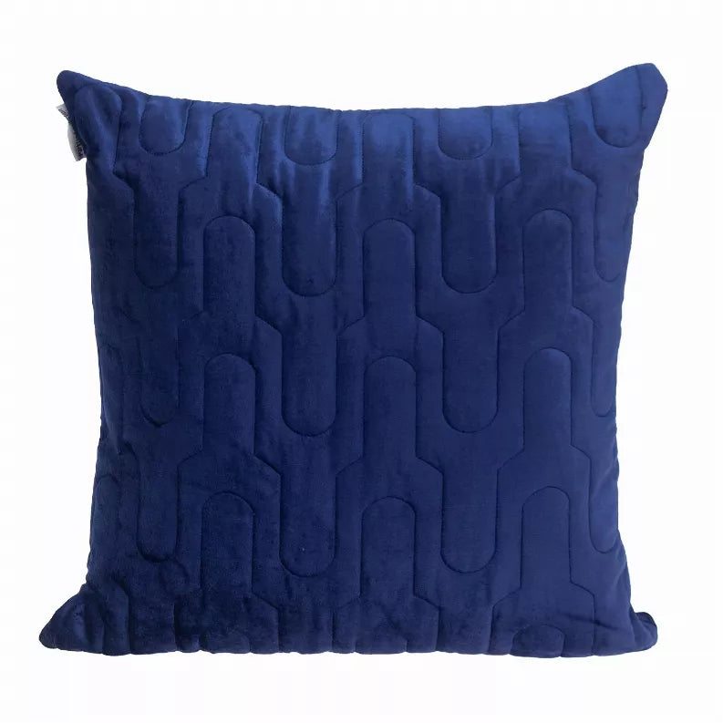 Blue quilted throw pillow square with repeating U-shaped stitch quilting