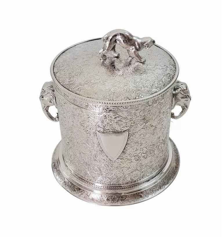 Engraved Biscuit Box with Elephant Handles & Cougar Finial English Silver Plate c.1875 - 1 - Kitchen