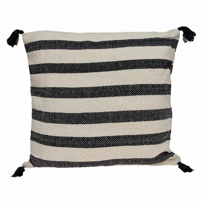 Beige and black striped decorative pillow cover with tassel corners, 24 x 24
