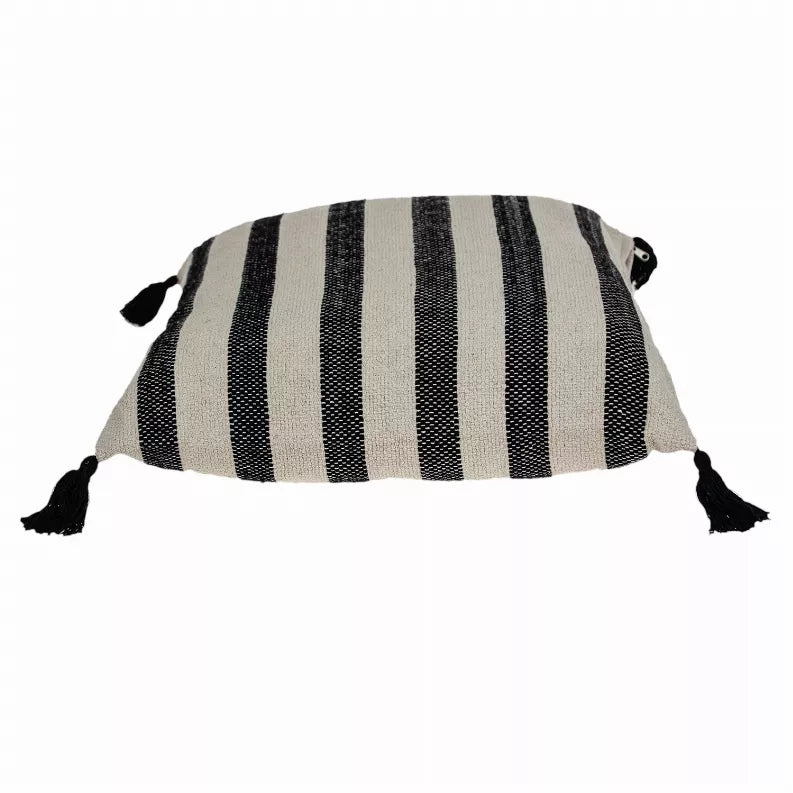 Beige pillow cover with vertical black stripes and tassels, 24 x 24