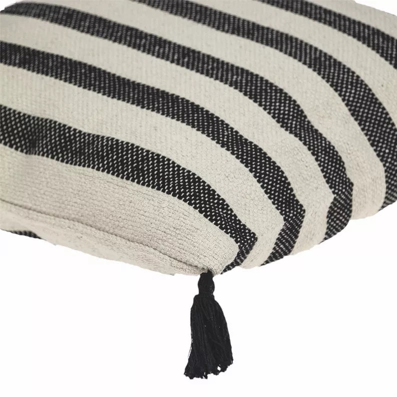 Beige pillow cover corner with black stripe pattern and tassel, 24 x 24