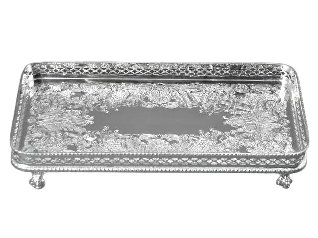 10-inch oblong engraved silver tray with decorative ball-and-claw feet