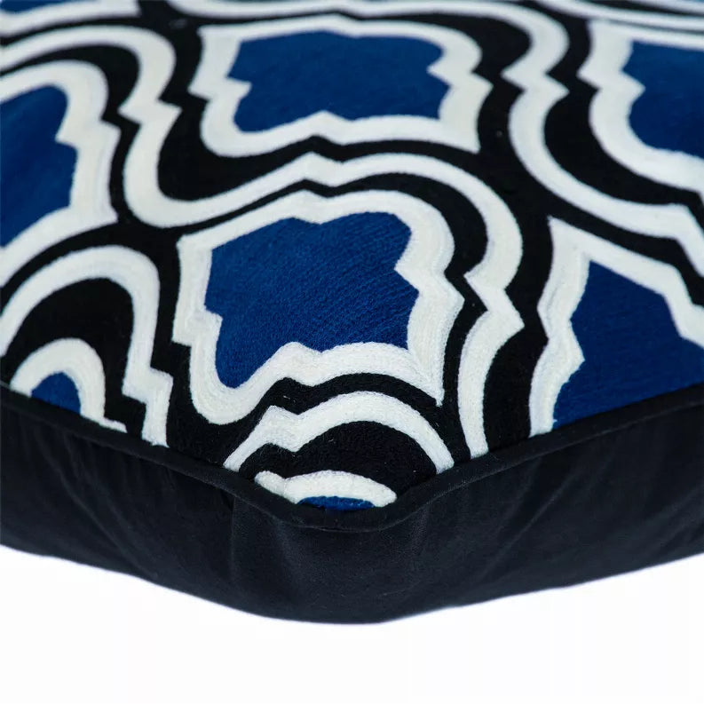 Blue and white geometric square pillow with black trim, 20 x 20 in