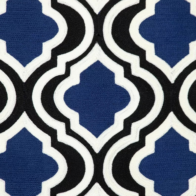 Blue and white geometric woven fabric with black line pattern