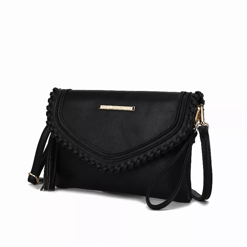 Black vegan leather women's shoulder bag with flap, braided trim, tassel, chain strap