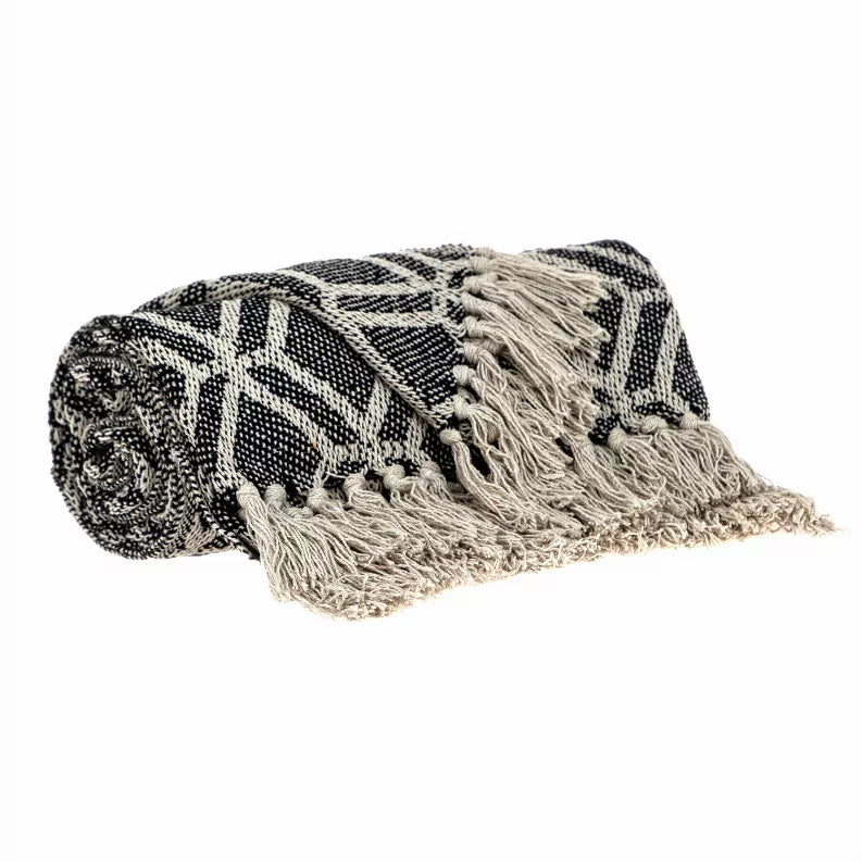 Woven throw blanket with geometric pattern, dark gray and light beige, fringe ends