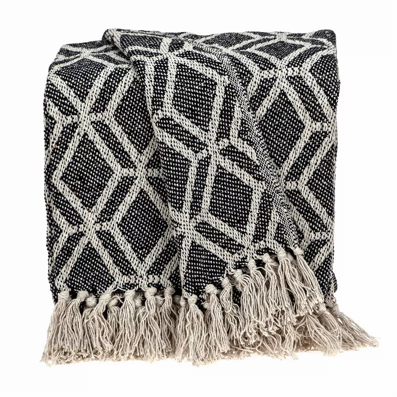 Woven throw blanket with diamond geometric pattern, dark gray and light beige, tassel fringe
