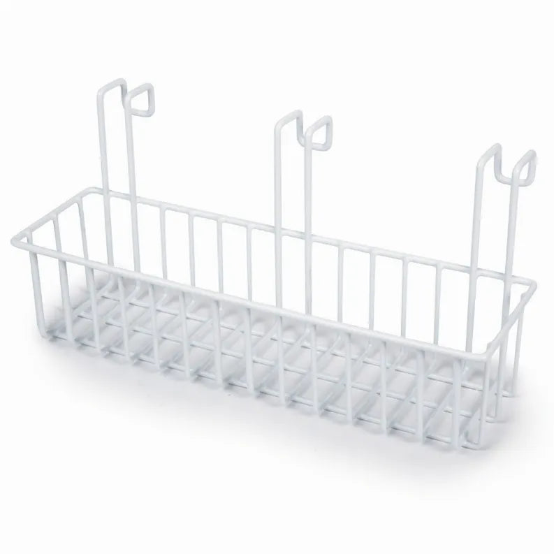 ME shampoo rack, white plastic basket with end hooks and draining slots