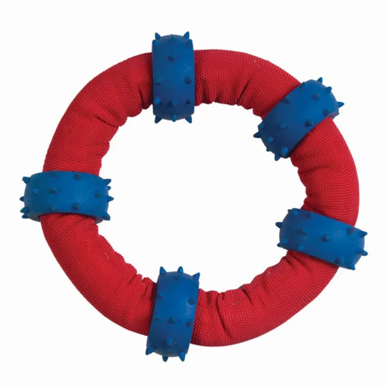 Red and blue spiked nylon dog tug toy with flexible loop design