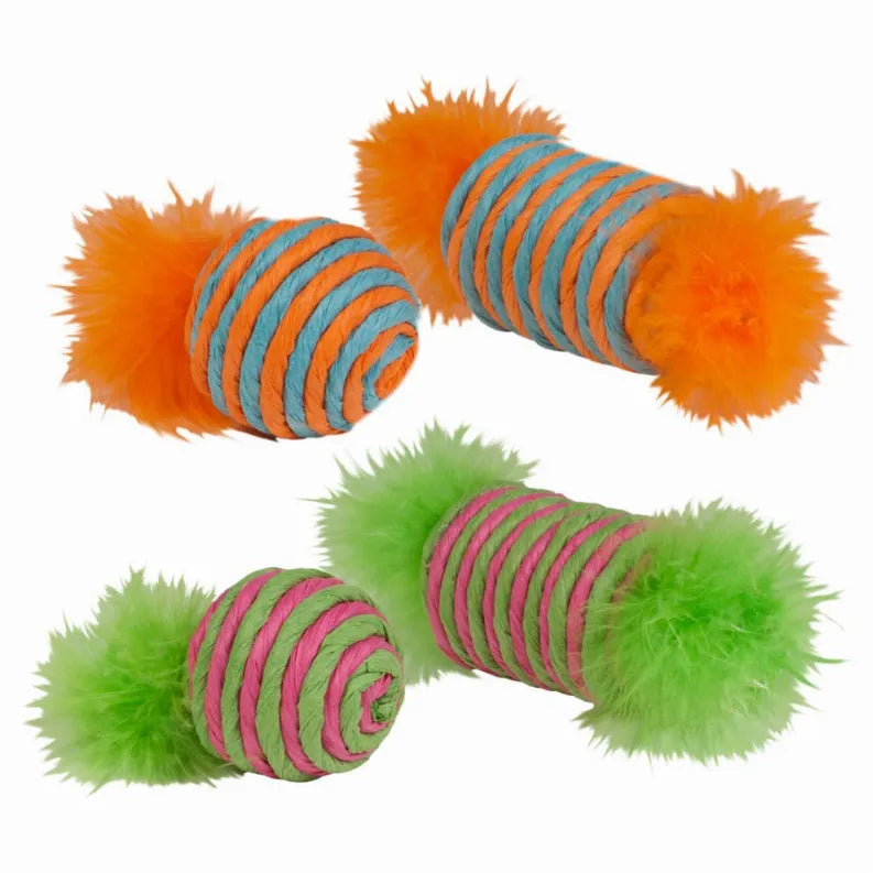 2-pack raffia spool toys with feather tails: orange/blue and green/pink striped