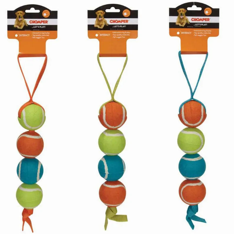 Stacked tennis nylon tug toy with orange, green, and blue ball set