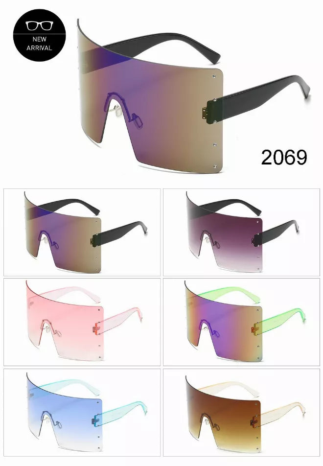 Assorted reflective tinted sunglasses with oversized square lenses and black frames