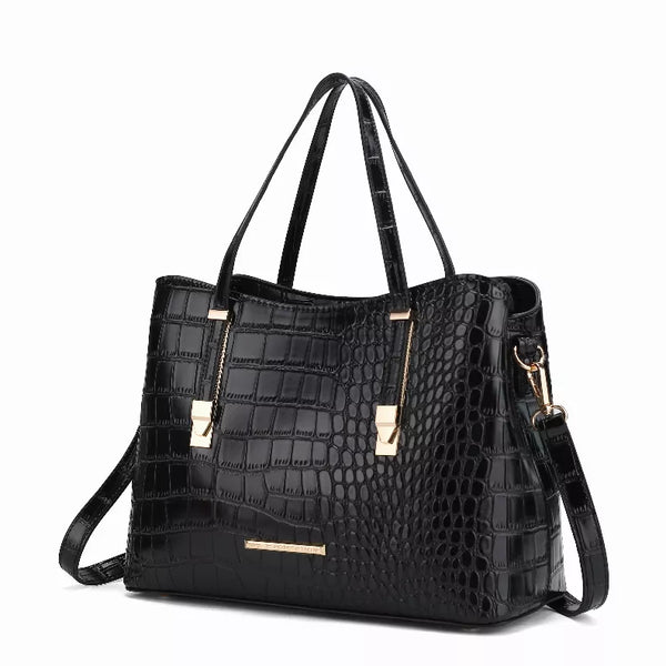 Black crocodile-embossed vegan leather tote with top handles and shoulder strap.