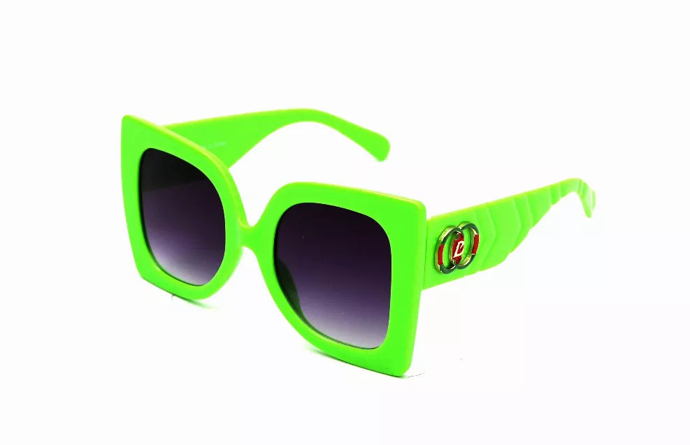 Neon green square sunglasses with dark lenses and ridged temple arms.