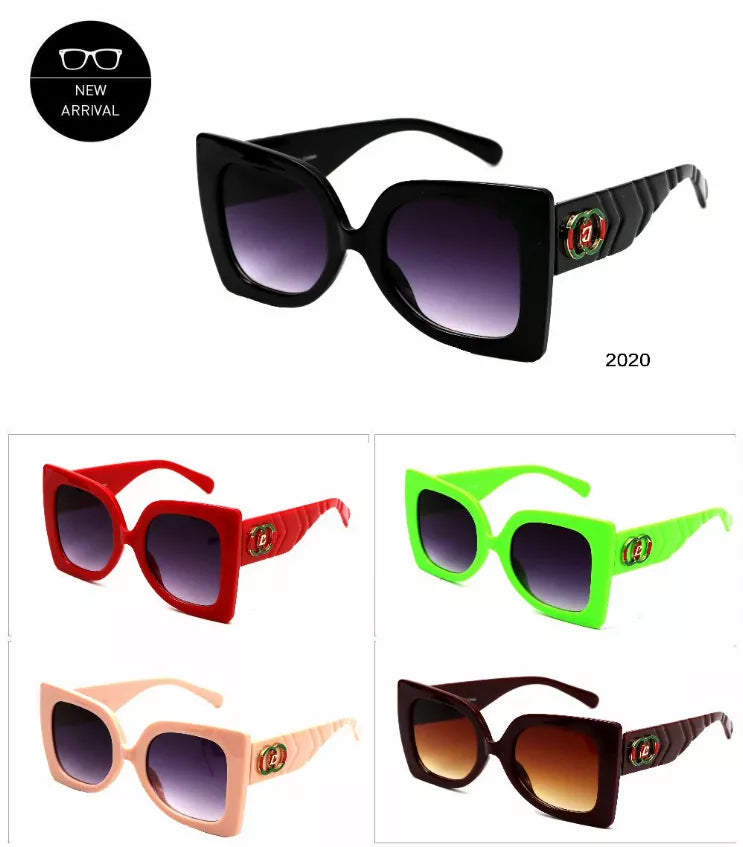 Assorted square sunglasses with colored frames, dark lenses, and logo temple details.
